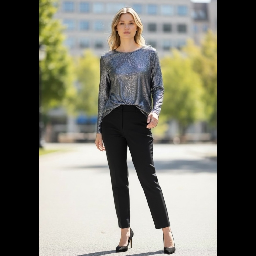 Chico's Touch of Cool Foil Houndstooth Long Sleeve Layer Top Basic Knit